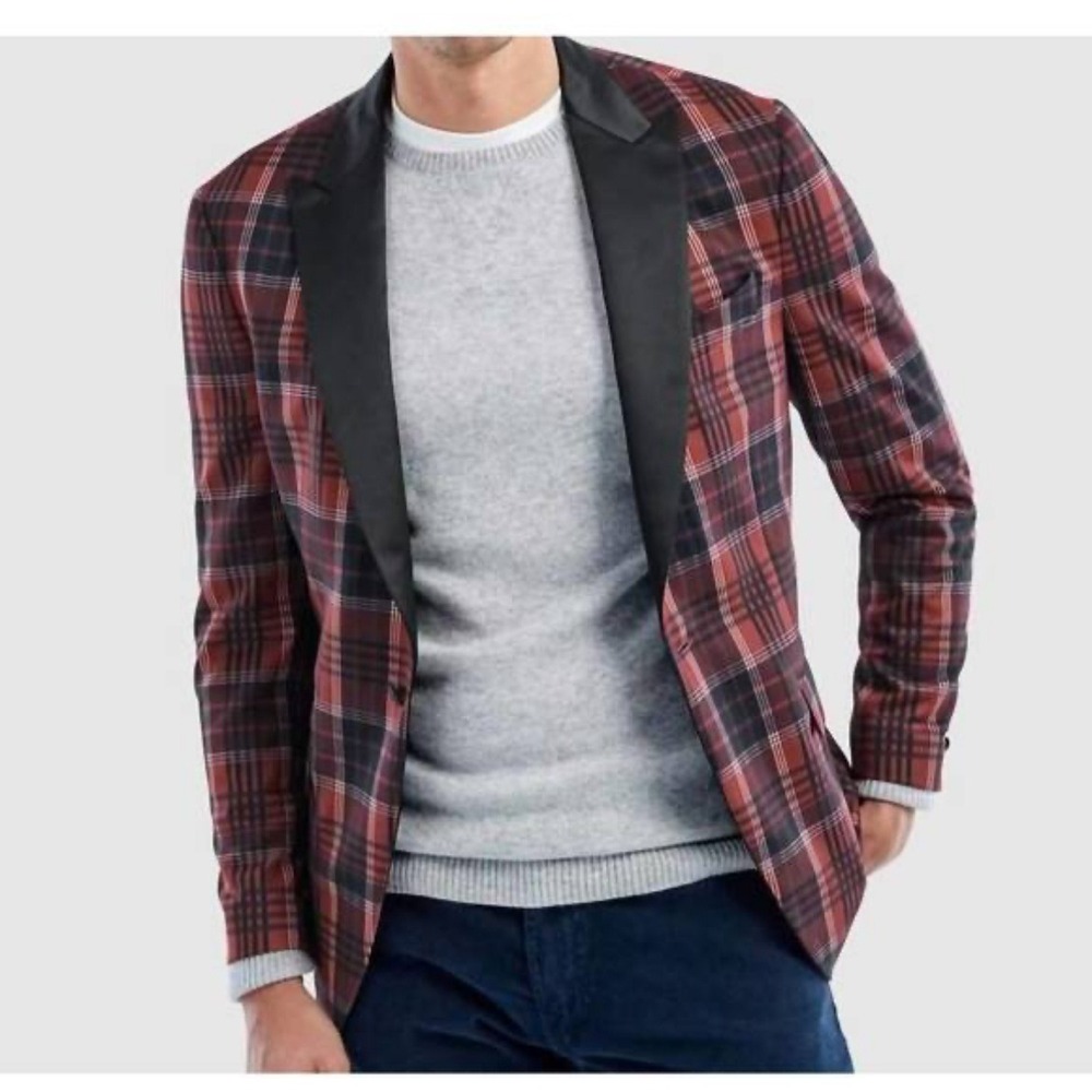 johnnie-O‎ Plaid Tuxedo Blazer Red Navy Tartan Satin Lapel Jacket Sports Coat